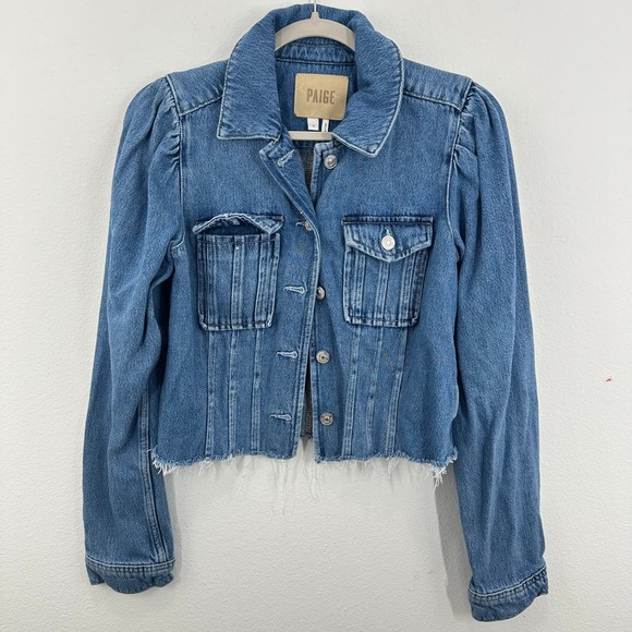 PAIGE Pacey Cropped Denim Jacket Raw Hem Long Sleeve Jean Jacket Size Small - Picture 1 of 14